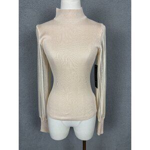 Madden Girl Juniors' Mock Neck Ribbed Sheer Sleeves Sweater Medium Cream NWT's